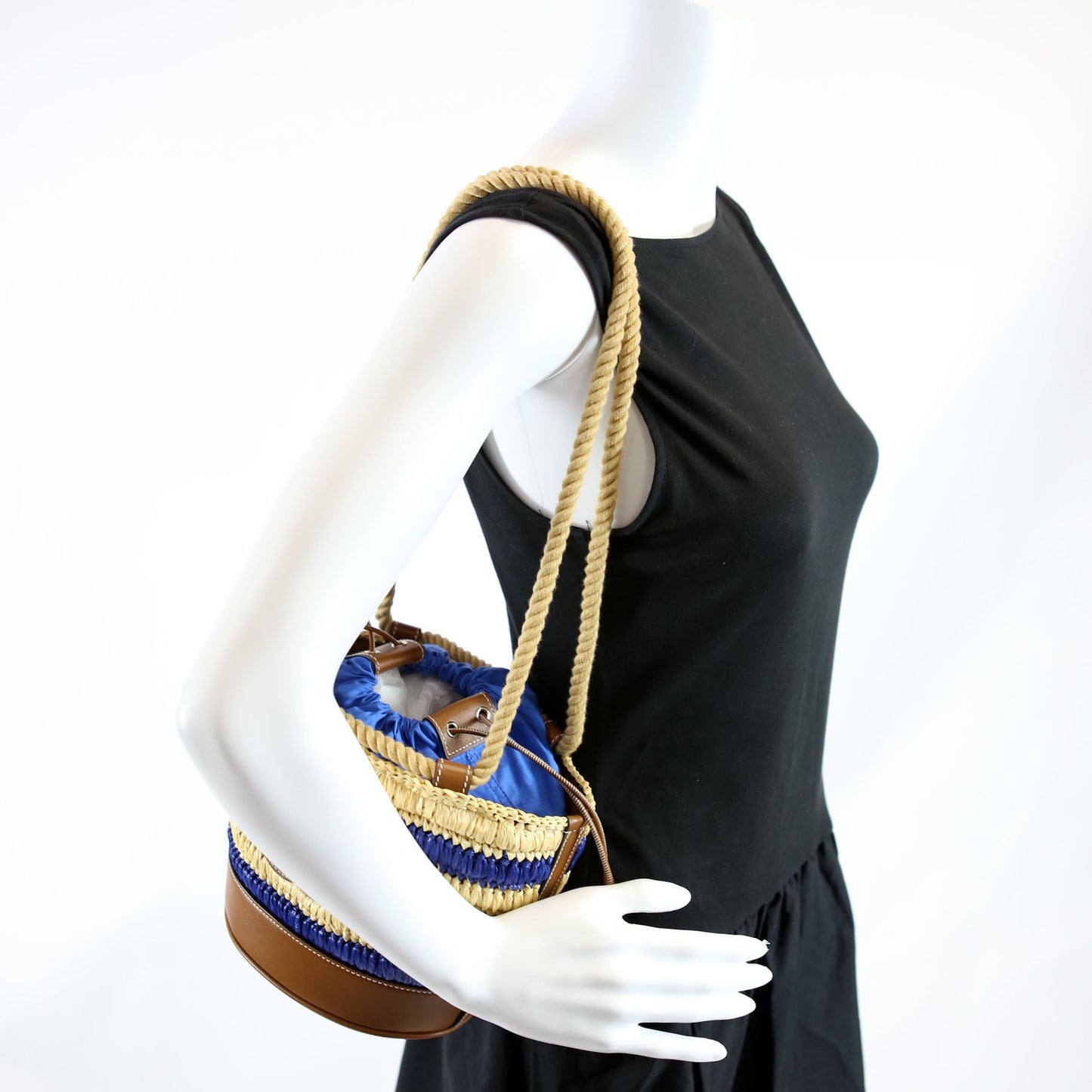 834935 Woven Raffia Mini Bucket Bag Tan/Blue