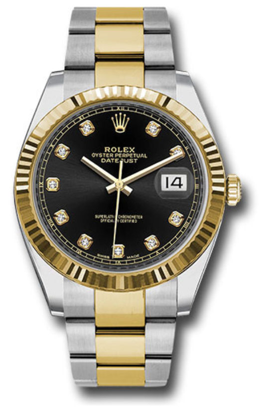 Rolex Yellow Rolesor Datejust 41 Watch - Fluted Bezel - Black Diamond Dial - Oyster Bracelet - 126333