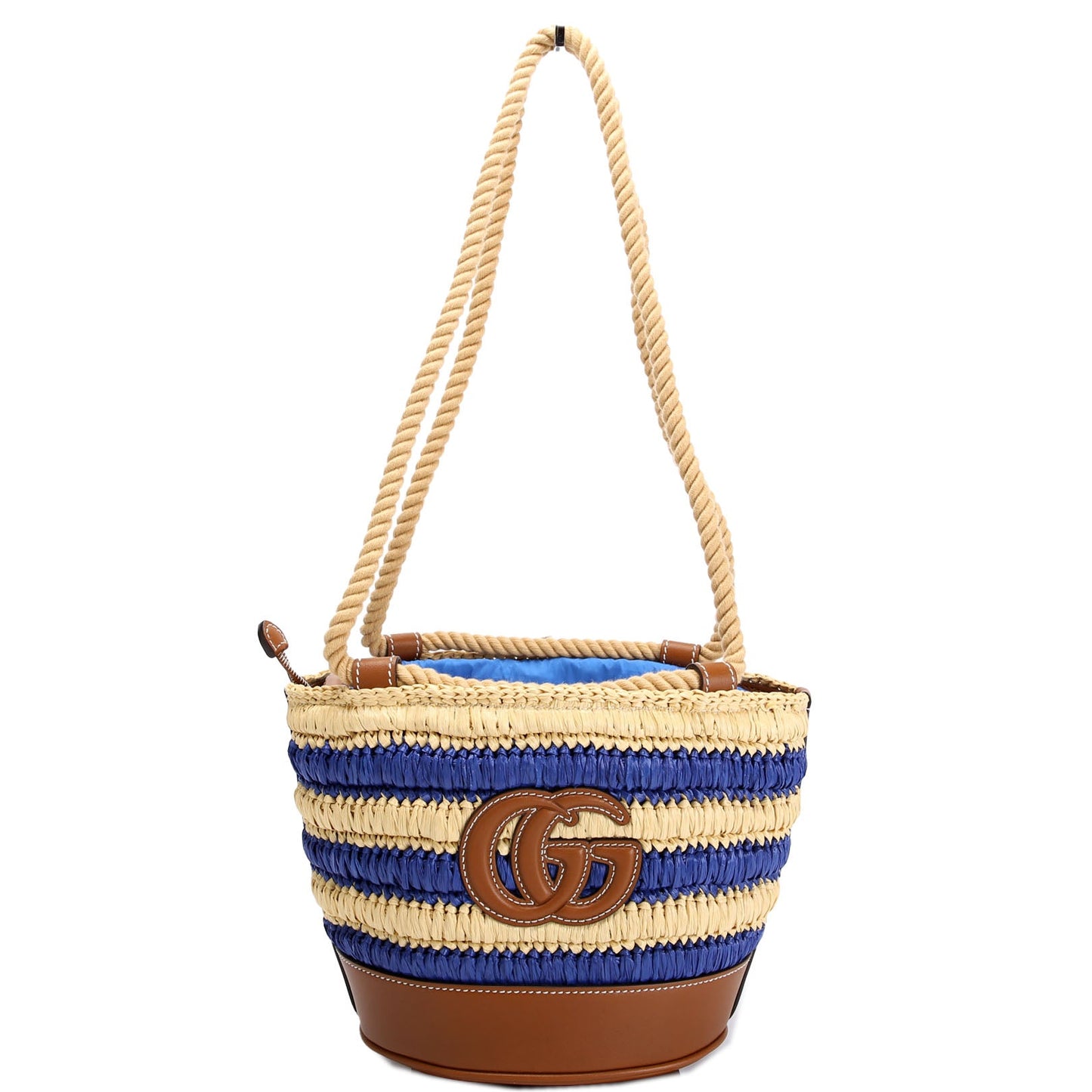 834935 Woven Raffia Mini Bucket Bag Tan/Blue
