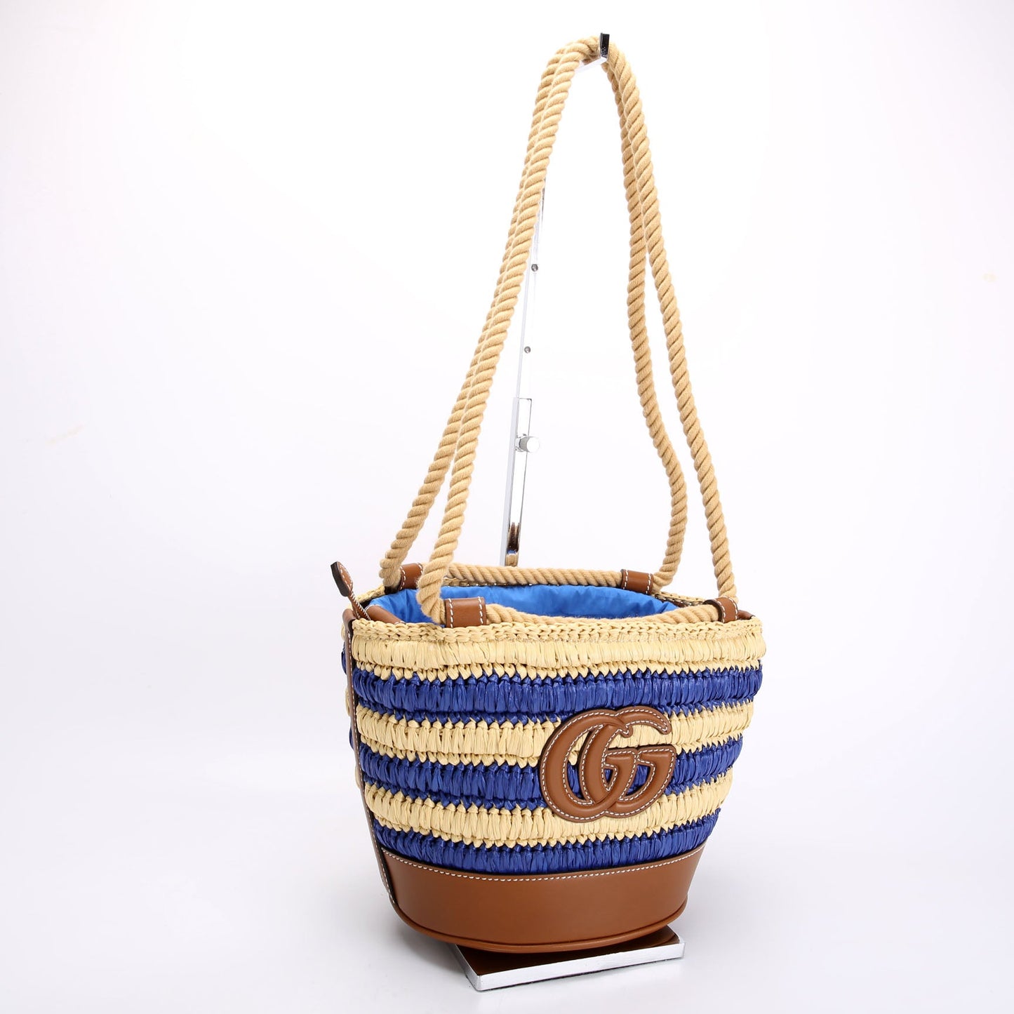 834935 Woven Raffia Mini Bucket Bag Tan/Blue