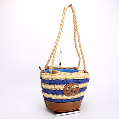 834935 Woven Raffia Mini Bucket Bag Tan/Blue