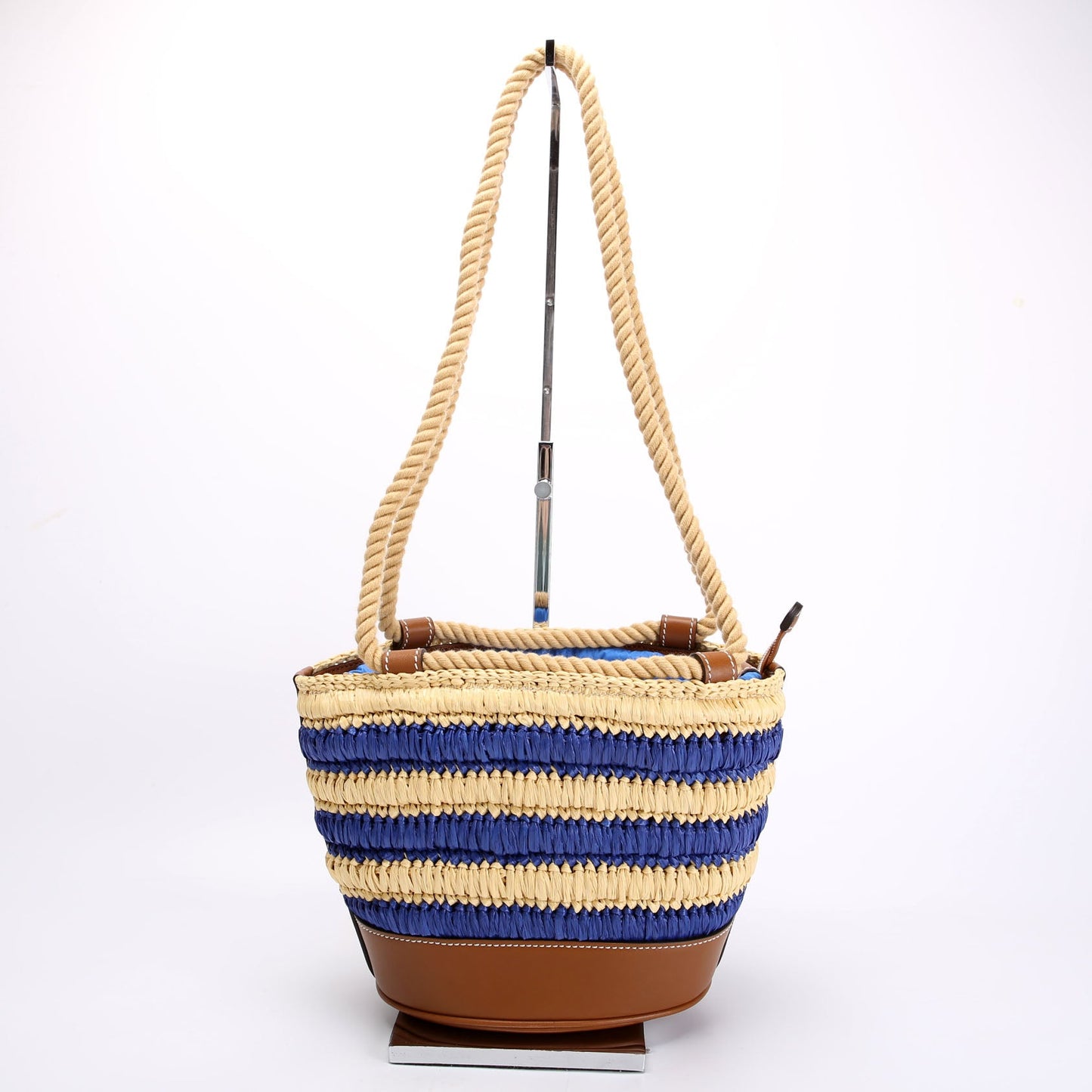 834935 Woven Raffia Mini Bucket Bag Tan/Blue