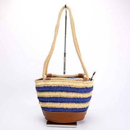 834935 Woven Raffia Mini Bucket Bag Tan/Blue
