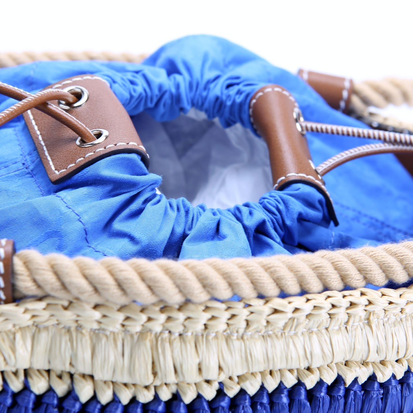 834935 Woven Raffia Mini Bucket Bag Tan/Blue