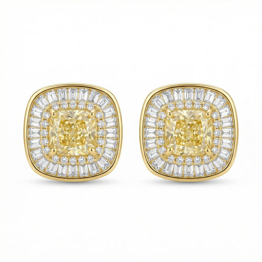 925 Sterling Silver Cushion Canary Gemstone Double Halo Earrings