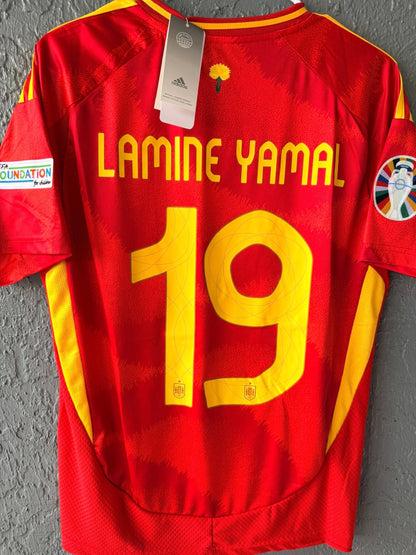 Spain Lamine Yamal #19 2024 Home Red Soccer Jersey Men Size