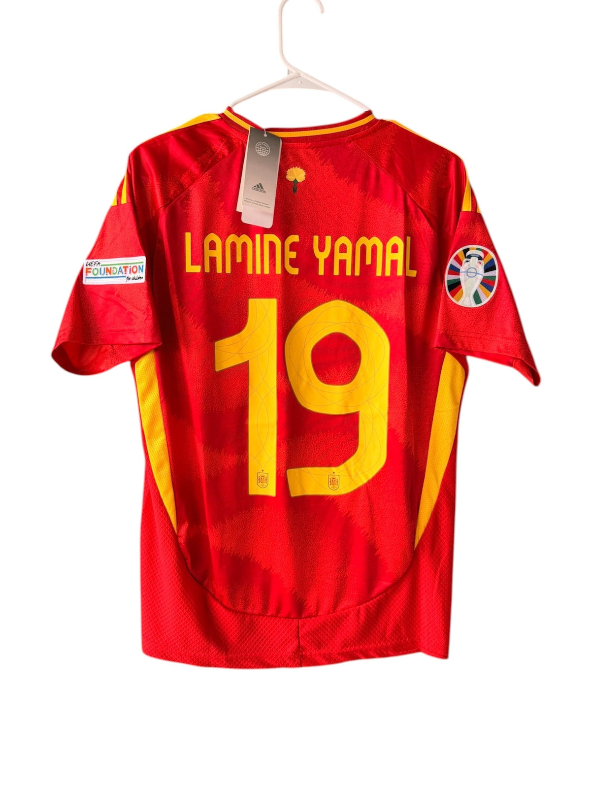 Spain Lamine Yamal #19 2024 Home Red Soccer Jersey Men Size