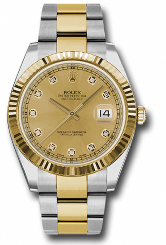 Rolex Yellow Rolesor Datejust 41 Watch - Fluted Bezel - Diamond Dial - Oyster Bracelet - 126333