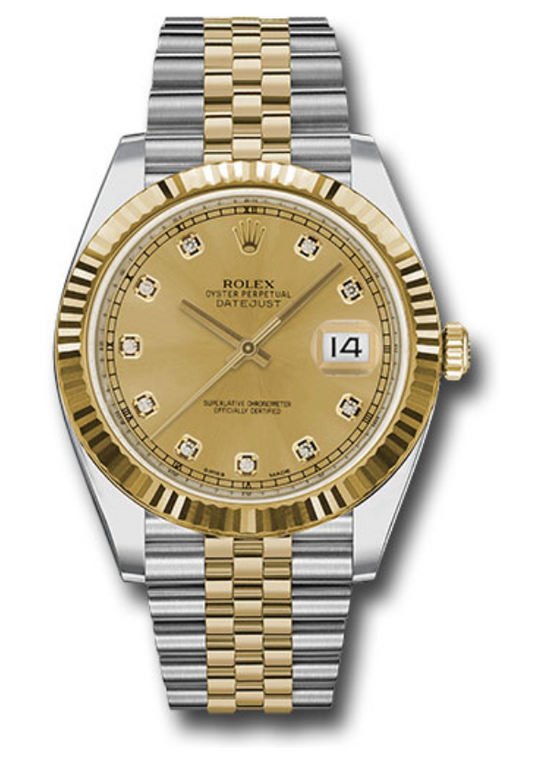 Rolex Yellow Rolesor Datejust 41 Watch - Fluted Bezel - Diamond Dial - Jubilee Bracelet - 126333