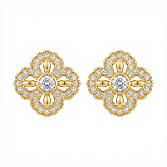 925 Sterling Silver Elegant Quatrefoil Diamond Stud Earrings