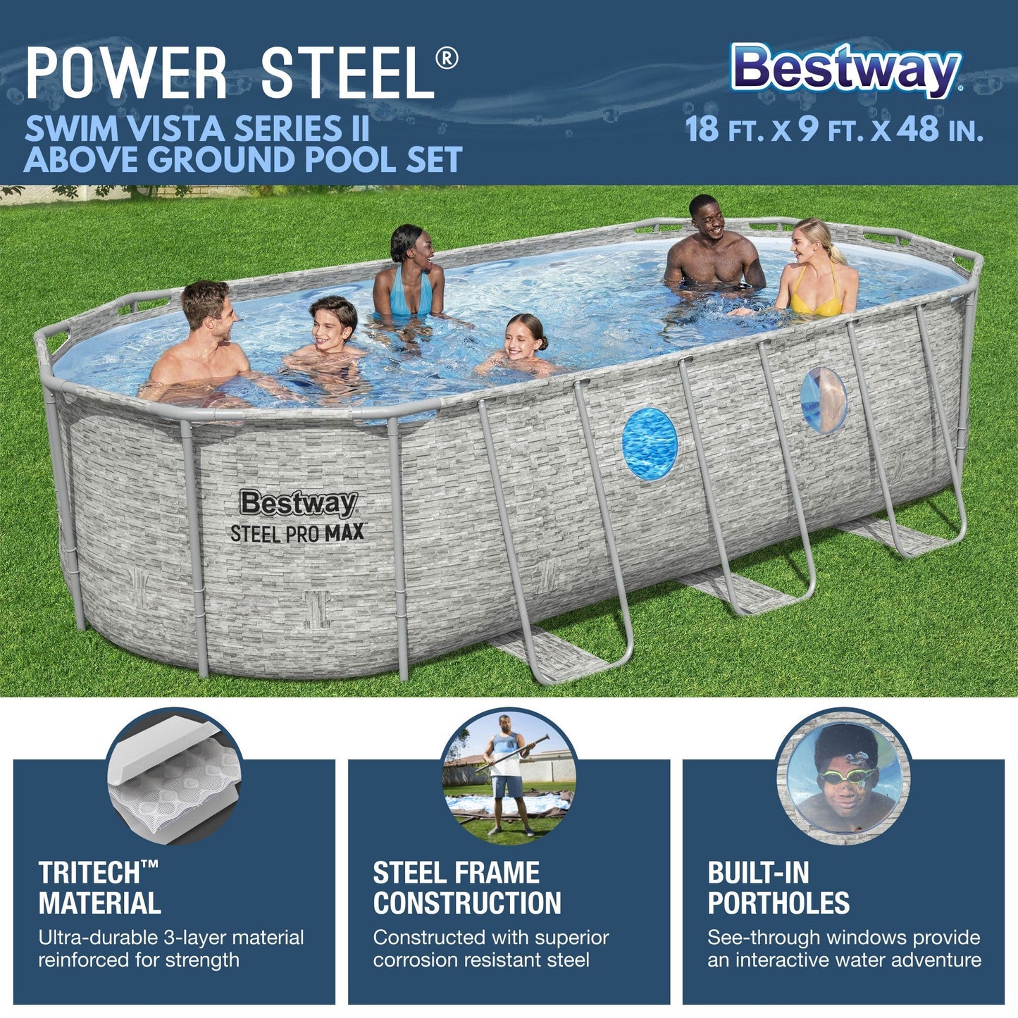 Bestway Power Steel Swim Vista 18' x 9' x 48" Above Ground Swimming Pool Set image 2